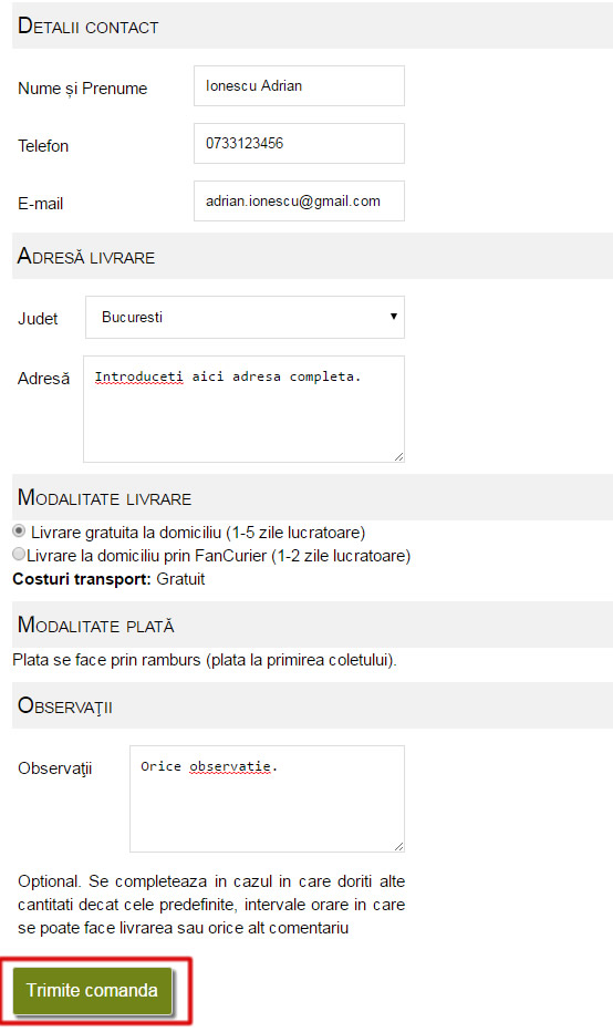 Trimiterea comenzii